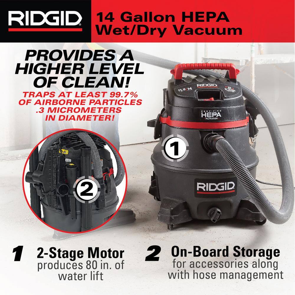 RIDGID 14 Gallon 2-Stage HEPA Commercial WetDry Shop Vacuum with Filter Dust Bag Professional Locking Hose and Accessories RV2400HF