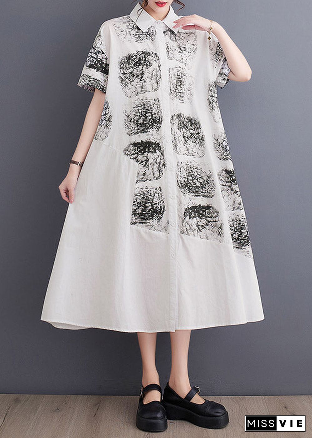 Women White Peter Pan Collar Print Long Shirt Dress Summer