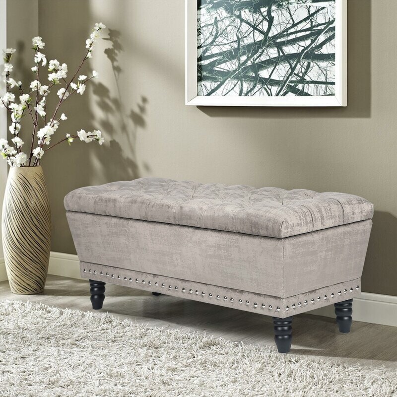 Adeco Button Tufted Trapezoid Storage Ottoman Bench