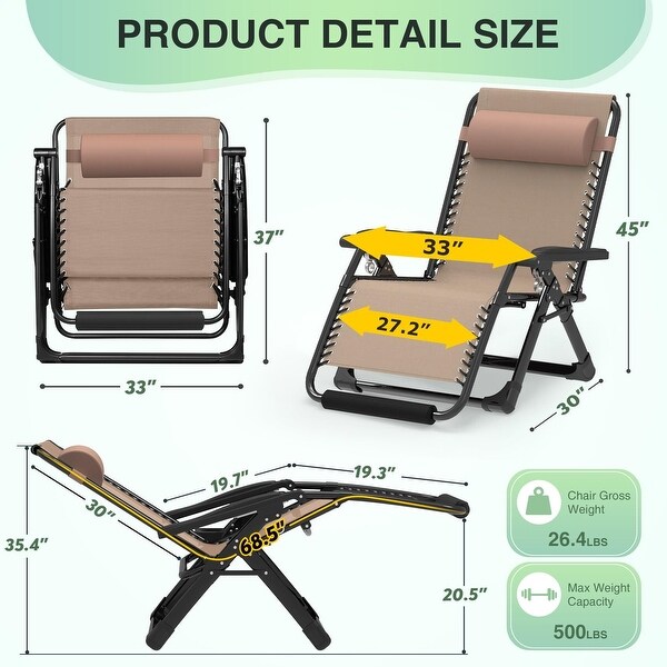 Oversized Zero Gravity Chair，Lounge Chair w/Removable CushionandHeadrest，Reclining Patio Camping Chair for Indoor Outdoor