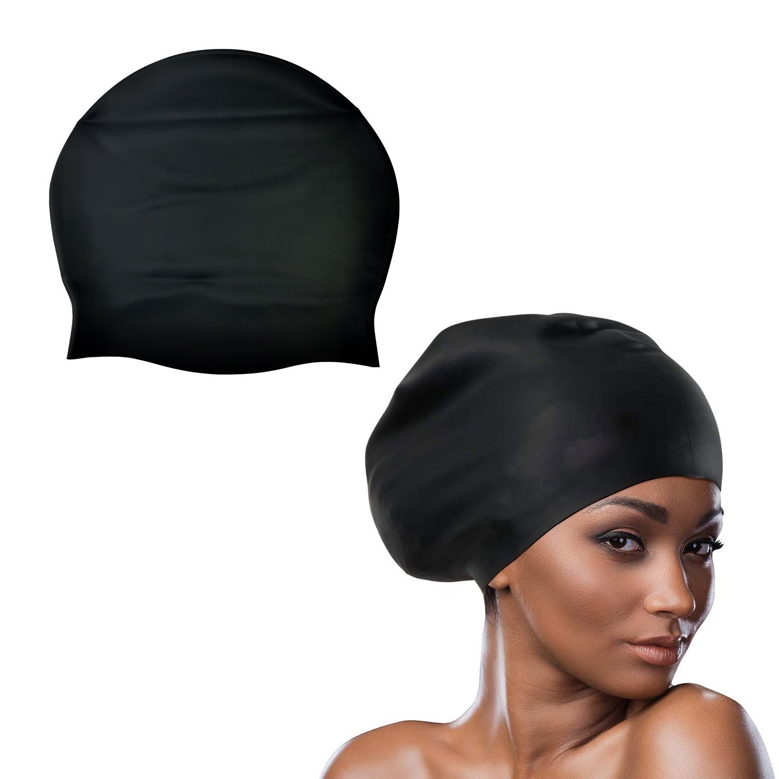 Long Hair Swim Cap Black Large Silicone Waterproof Swimming Cap for Dreadlock