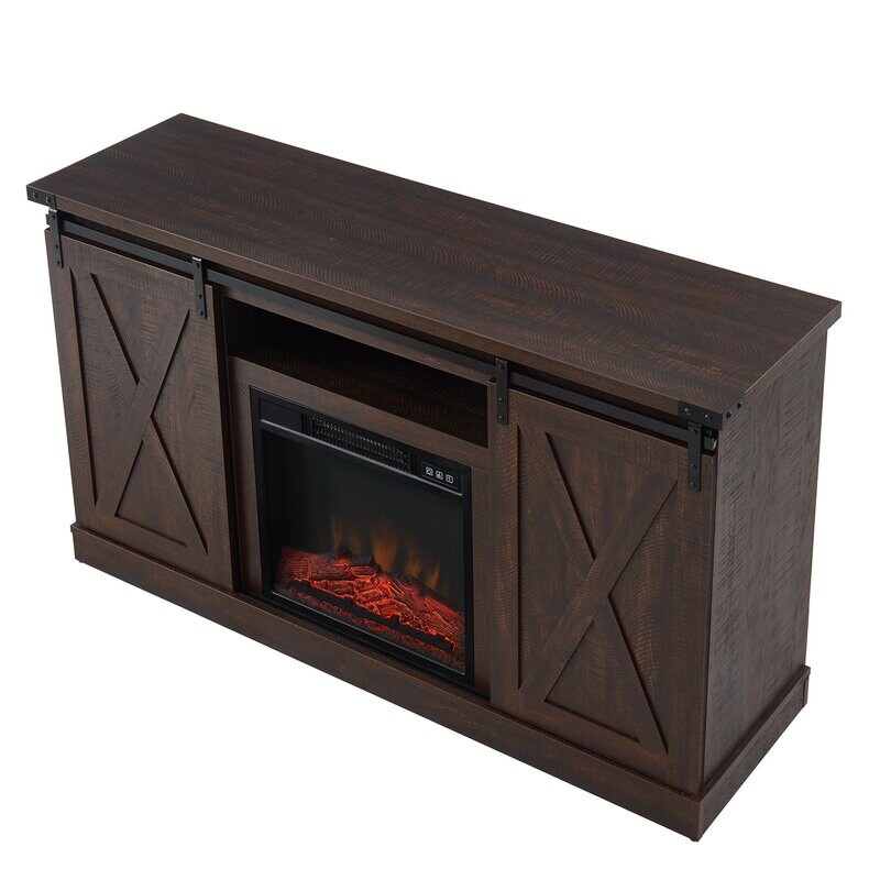 Fireplace TV Stand   Sliding Barn Door Farmhose Entertainment Center with 18'' Electric Fireplace Storage Cabinet