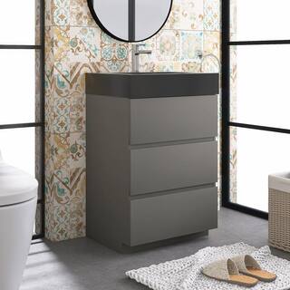 JimsMaison 24 in. W x 18 in. D x 37 in. H Freestanding Bath Vanity in Grey with Black Solid Surface Top Alice-F24GRB