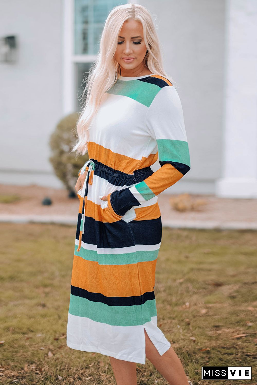 Green Multicolor Block Drawstring Waist Long Sleeve Midi Dress