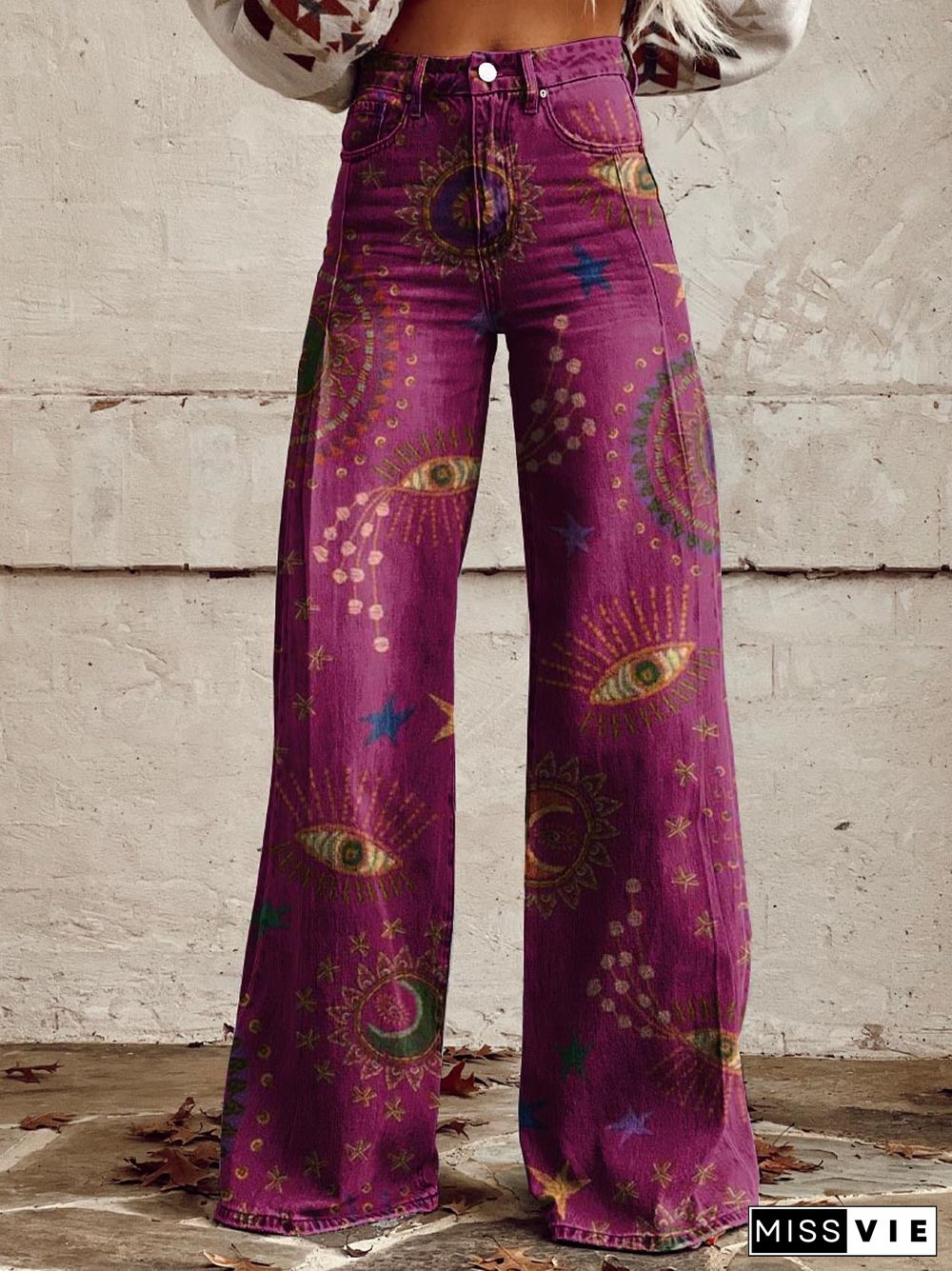 Women's Purple Print Casual Wide Leg Pants