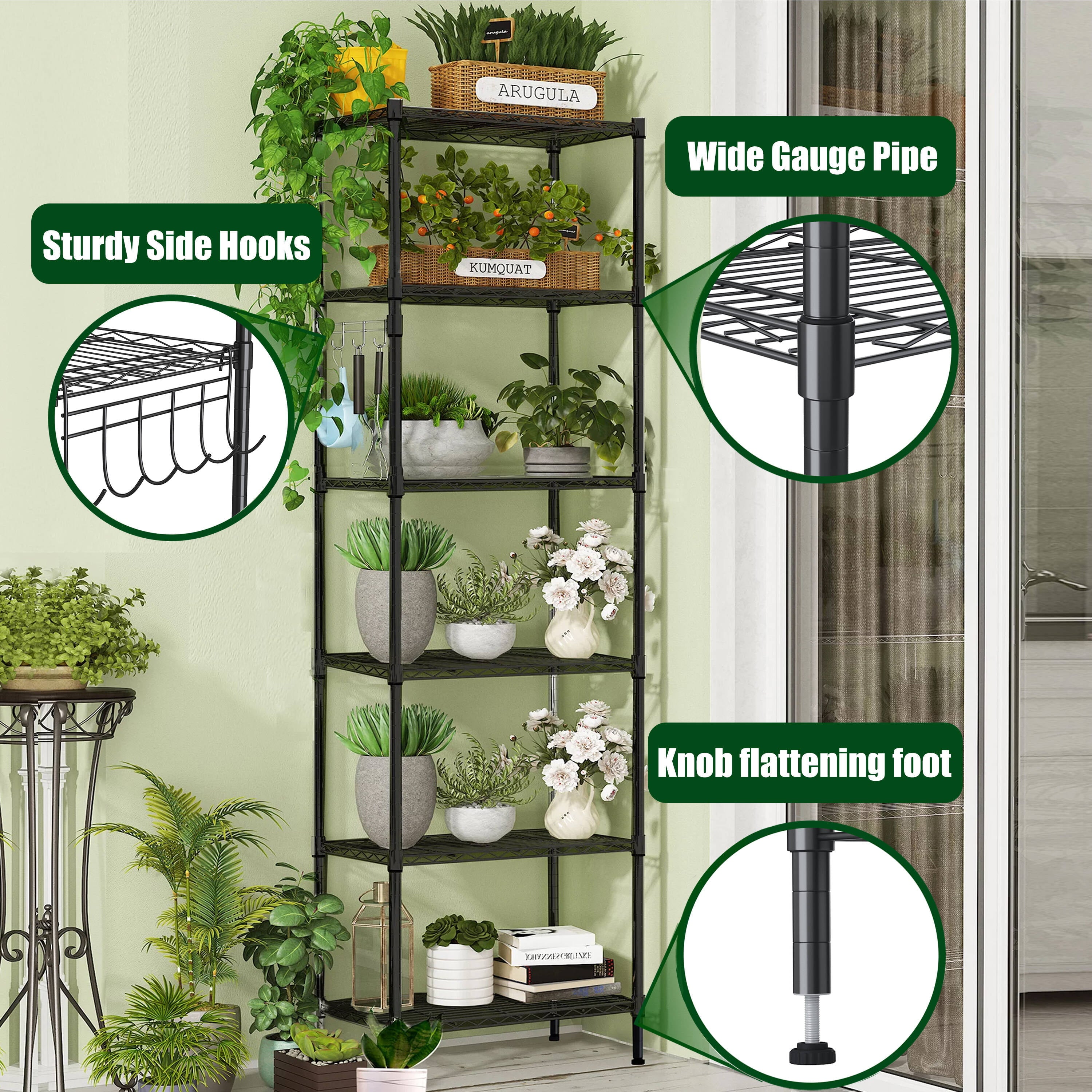 6-Tier Wire Shelving Unit Storage Rack Metal Shelf Organizer with 6 Hooks for Kitchen Bathroom Garage Balcony 21.26