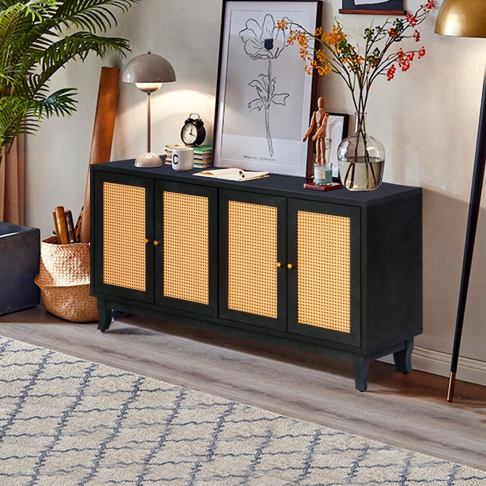 Sideboard Buffer Storage Cabinet With 4 Rattan Doors and Adjustable Shelves