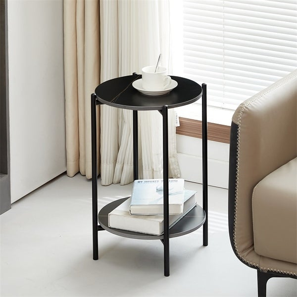 2-Tiers End Table with Marble Tabletop and Metal Frame