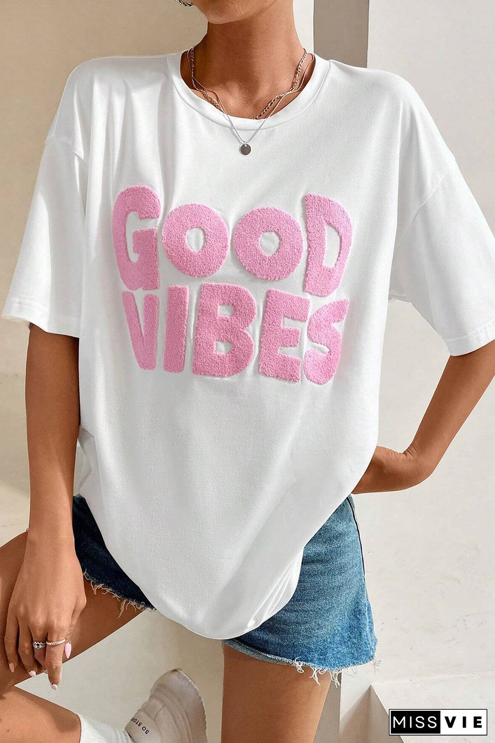 White GOOD VIBES Chenille Embroidered Crewneck T Shirt