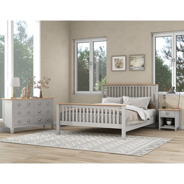 3 Pieces Country Gray with Oak Top Bedroom Sets， Full Bed， Nightstand and Dresser， Full Side - - 36908525