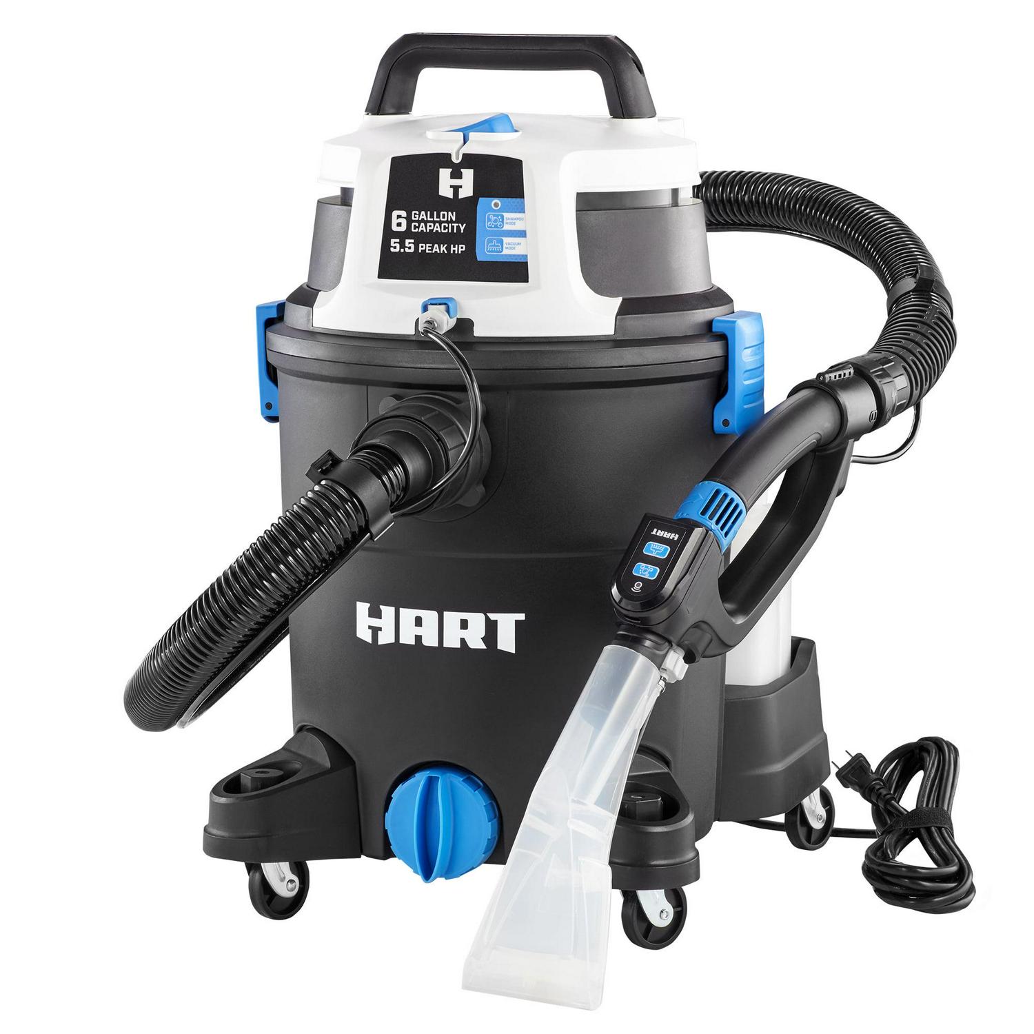 HART 3-in-1 Wet/Dry Shampoo Vac， 6 Gallon 5.5 Peak HP Vacuum Cleaners