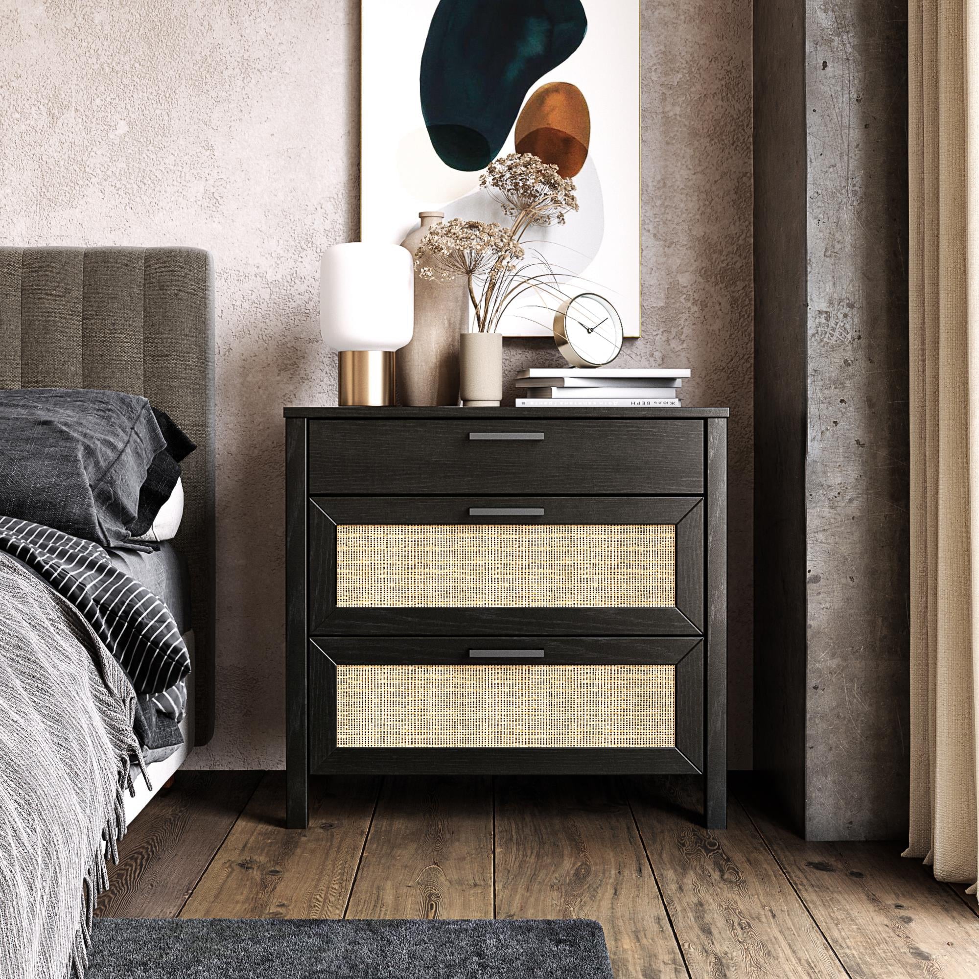 Queer Eye Wimberly 3 Drawer Dresser, Black Oak with Faux Rattan