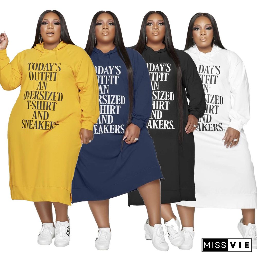 Letter Print Long Sleeve Hooded Loose Plus Size Dress