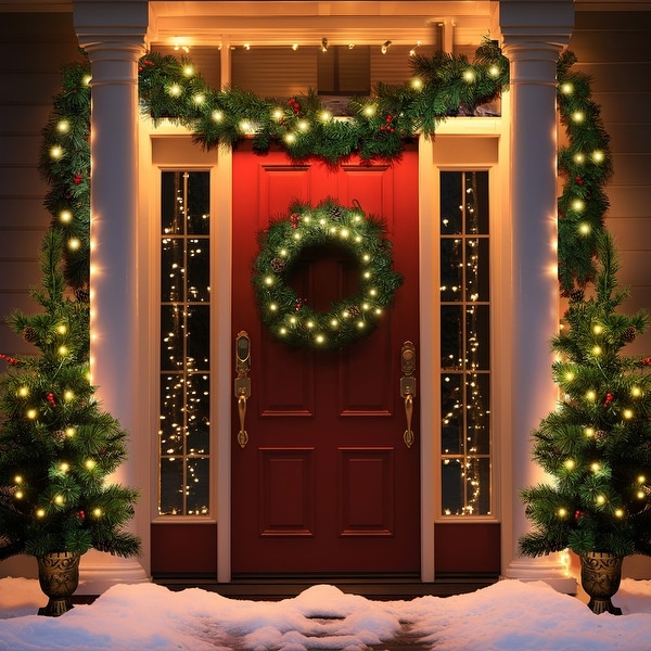 PreLit Holiday Christmas 4Piece Set with LED Lights，Christmas Garlands，Wreath and Set of 2 Entrance Trees