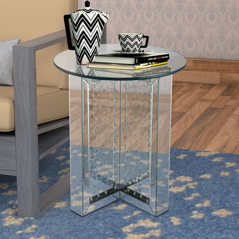 Round Mirrored Metal End Table with Glass Top and Crystal Accent Base， Silver