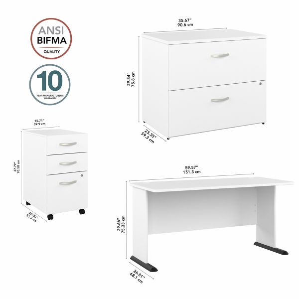 Bush Business Furniture Studio A 60W Computer Desk with Mobile and Lateral File Cabinets in White