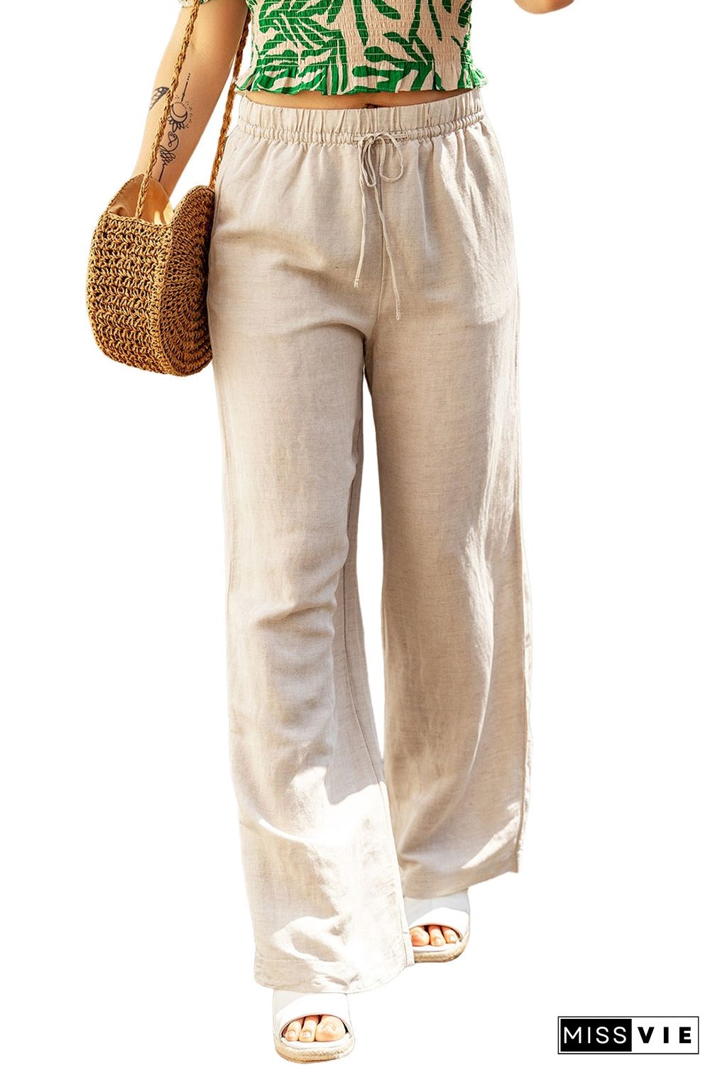 Apricot Linen Elastic Drawstring Waist Loose Pants