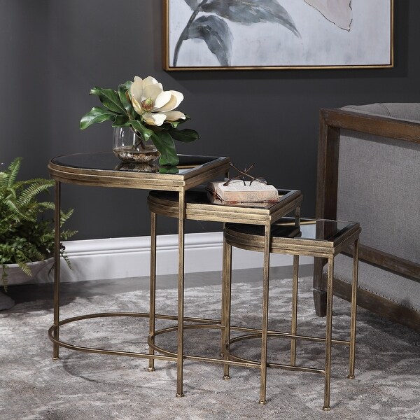 Set of Three Elegant Gold Nesting Tables with Mirrored Tops 24”