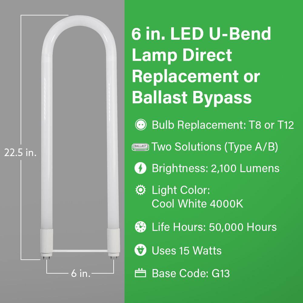 Feit Electric 15-Watt 6 in. T8 G13 Type AB Plug  Play and Ballast Bypass Linear U-Bend LED Tube Light Bulb Cool White 4000K(12-Pack) T848840ABU6LED12