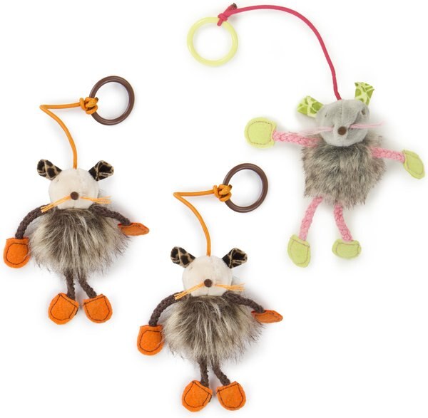 SmartyKat Bouncy Mouse Plush Dangler Catnip Cat Toy， Orange and Gray， Small， 3 count