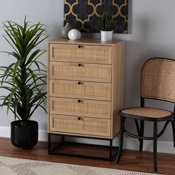 Amelia Mid-Century Modern Transitional Natural Brown Finished Wood and Natural Rattan 5-Drawer Storage Cabinet - - 36620824