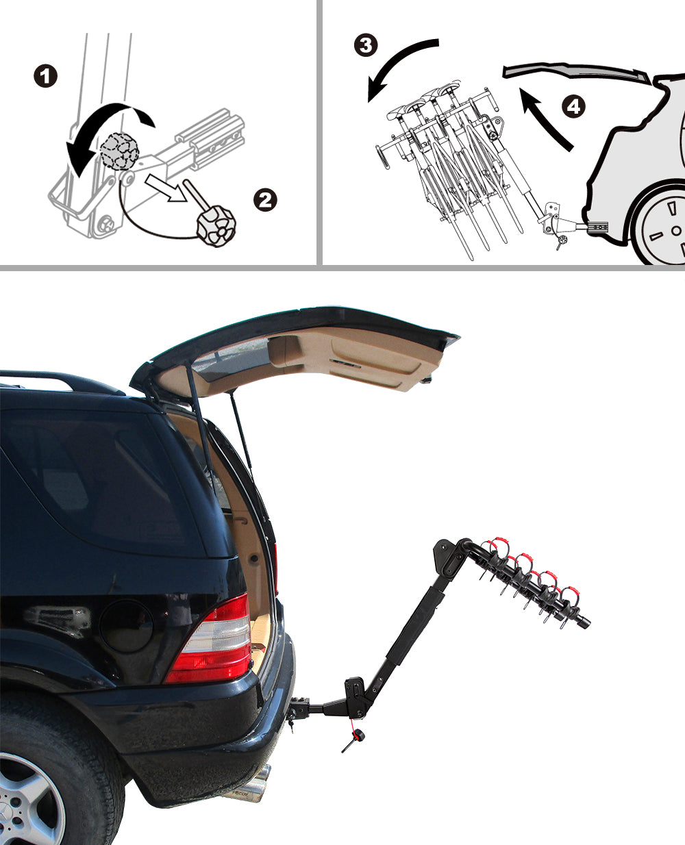 Tyger Auto TG-RK4B102B Deluxe 4-bike Carrier Rack Compatible with both 1-1/4'' and 2'' Hitch Receiver | With Hitch Pin Lock and Cable Lock | Soft Cushion Protector