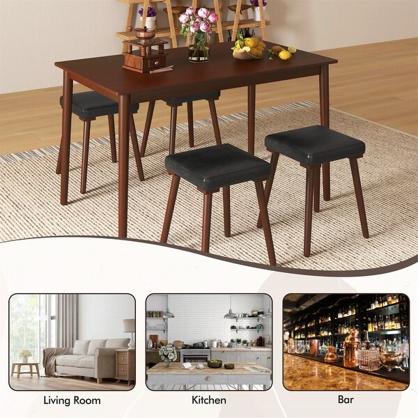 Gymax 5PCS Dining Table Set for 4 w/ 4 Upholstered Stools Rubber Wood