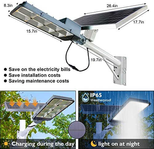 450W Solar Street Flood Lights Outdoor Lamp with Remote Control Dusk to Dawn Security Lighting for Yard Garden Gutter Basketball Court Arena Lawn lm