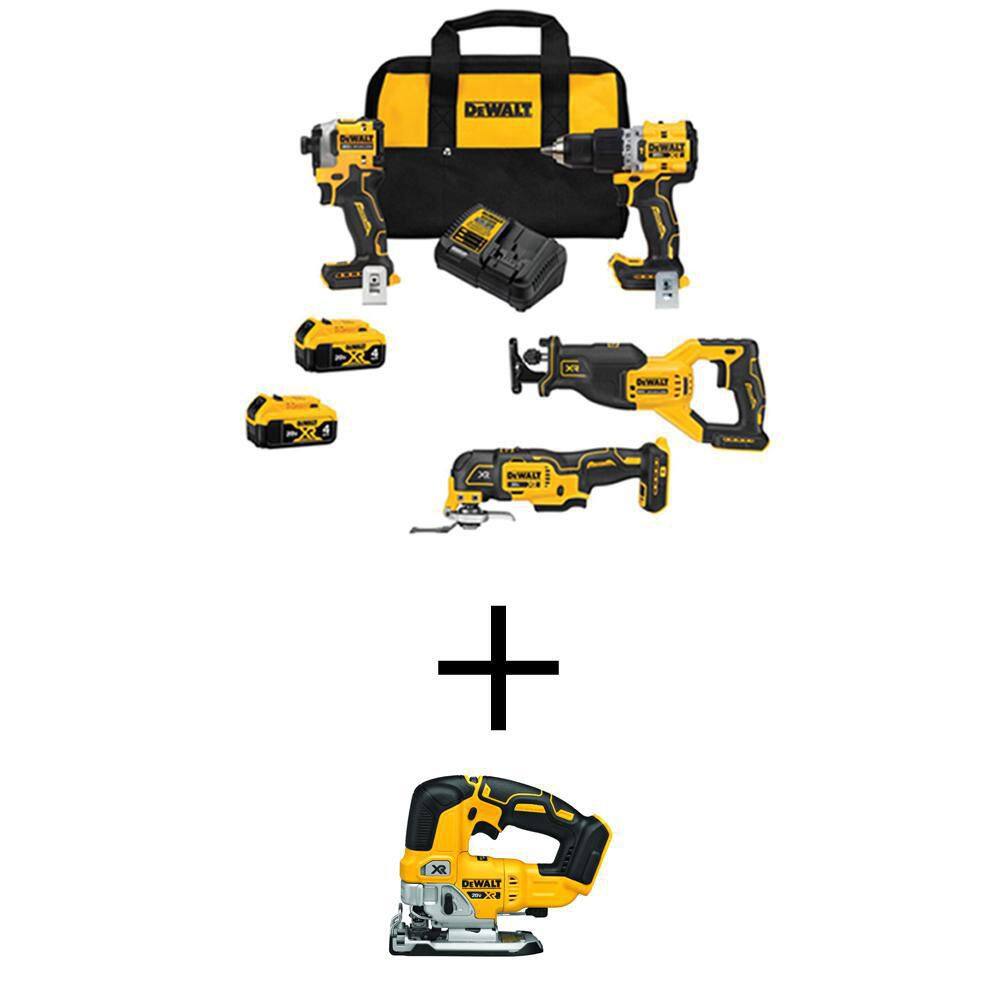 DW 20V Maximum Lithium-Ion Cordless Brushless 4 Tool Combo Kit and 20V Maximum XR Cordless Brushless Jigsaw DCK4050M2WS334B