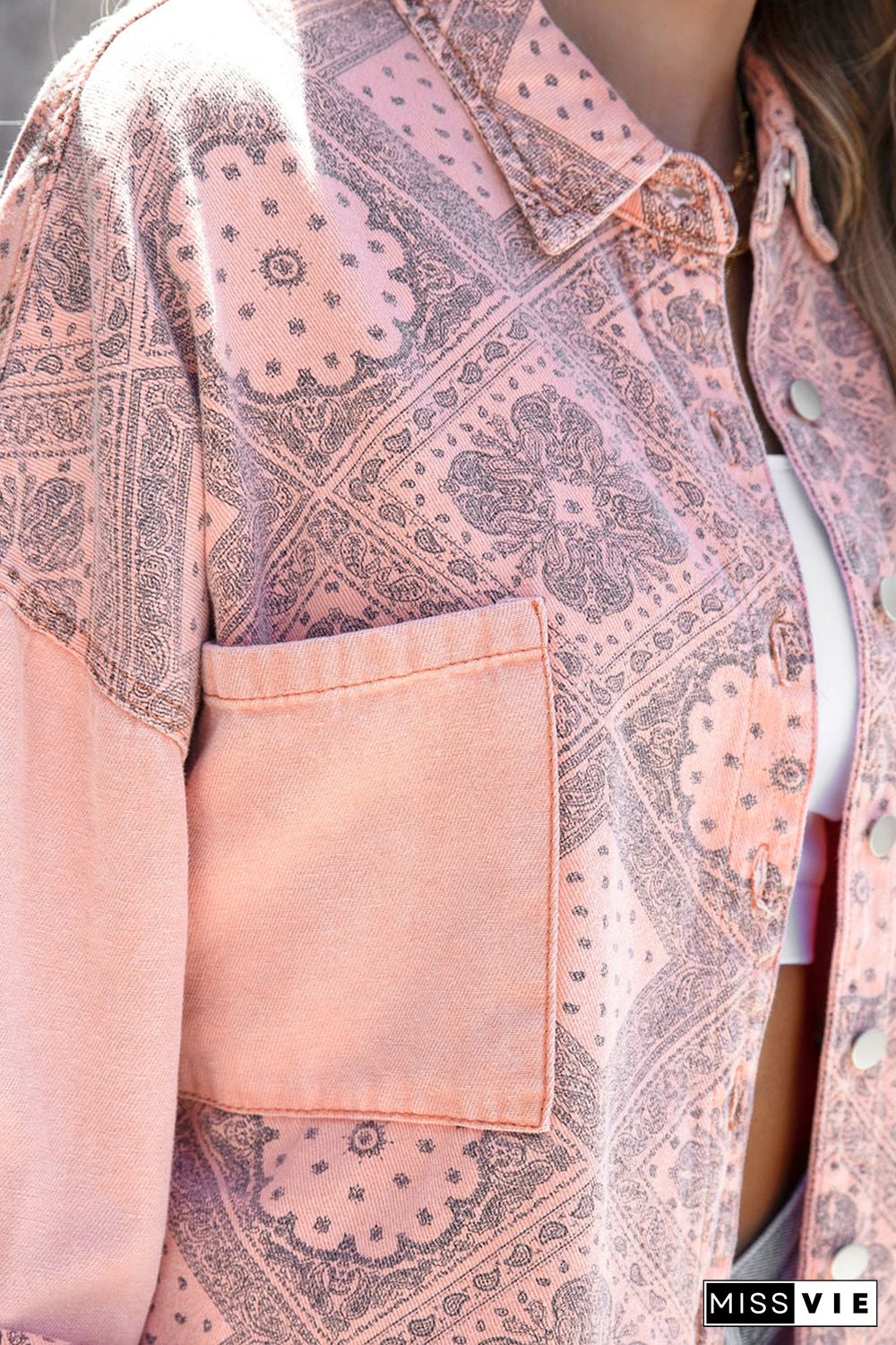 Pink Geometric Print Ripped Shirt Jacket with Pockets