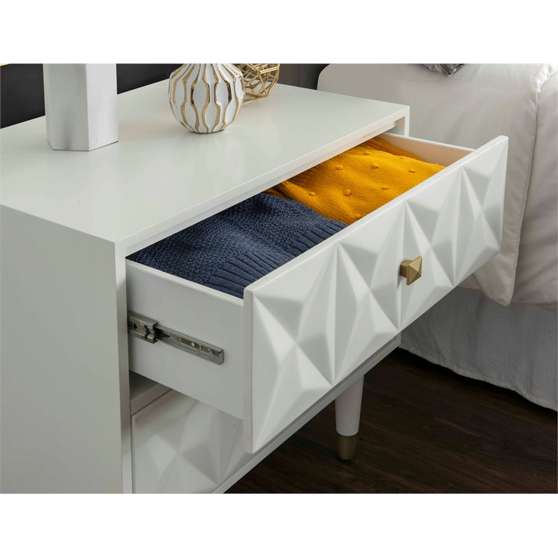 Linon Alick Two Drawer Wood Geo Texture Nightstand in White