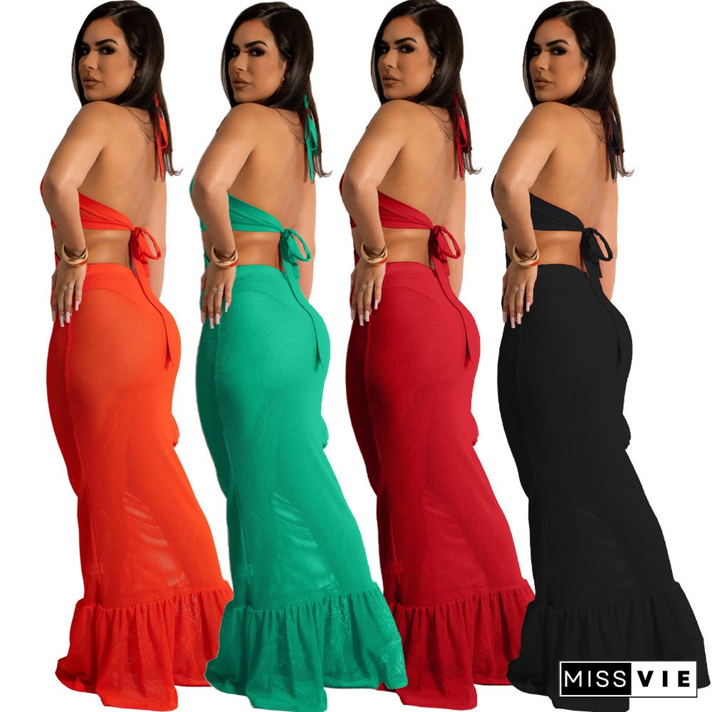 Mesh See Though Hollow Halter Backless Maxi Dresses