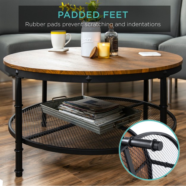 Best Choice Products 2 tier Round Coffee Table Rustic Accent Table W Wooden Tabletop Padded Feet Open Shelf