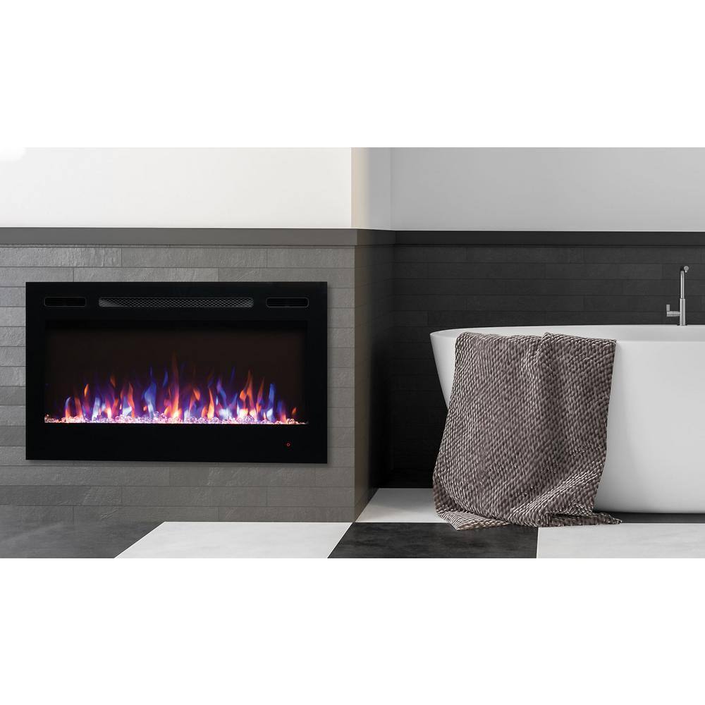 EdenBranch 36 in. LED Wall-Mounted or Recessed Electric Fireplace with Crystal Flame Effect in Black 141005