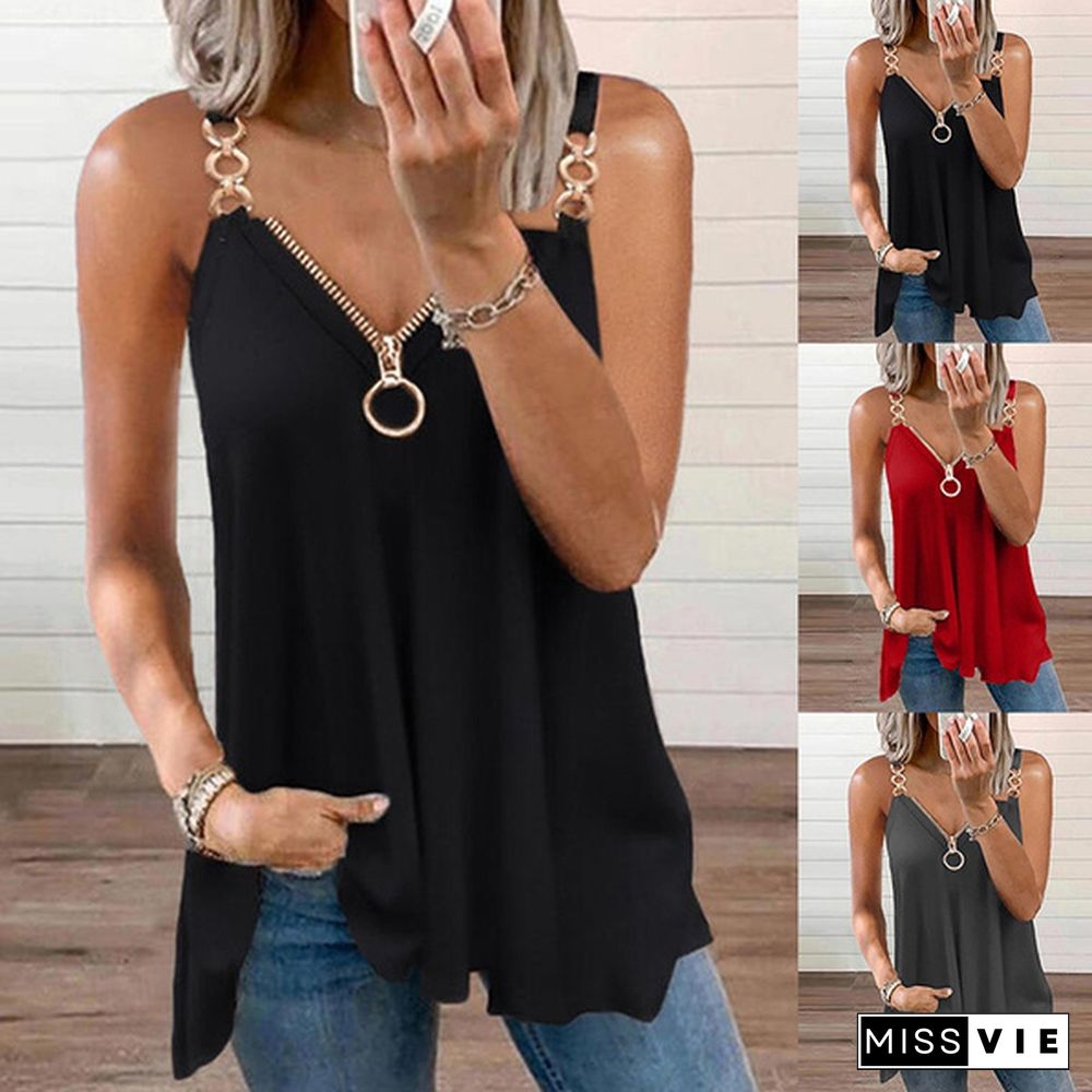 Summer New Fashion Women's Solid Color Metal Strap Casual Zipper V-neck Casual Halter Top Loose Soft and Comfortable Top T-shirt S-2XL