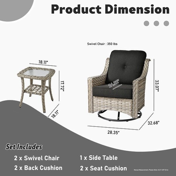 XIZZI 3Piece Swivel Rocking Chair Rattan Wicker Outdoor Patio Furniture Bistro Set