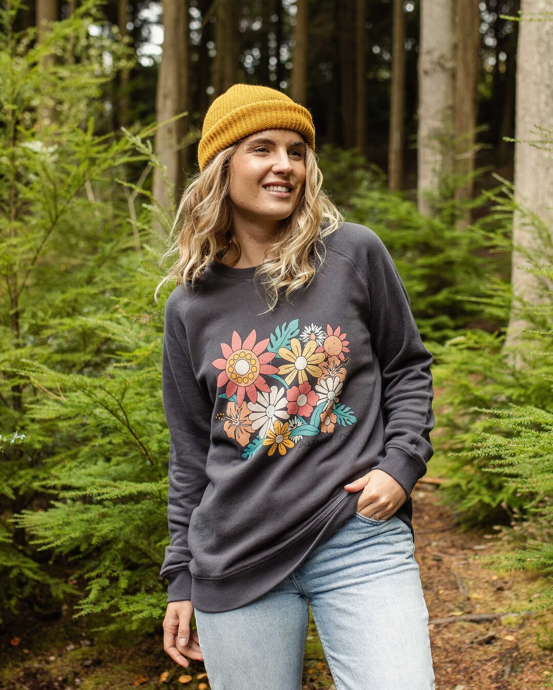 Floral Bloom Recycled Cotton Oversized Sweatshirt - Charcoal