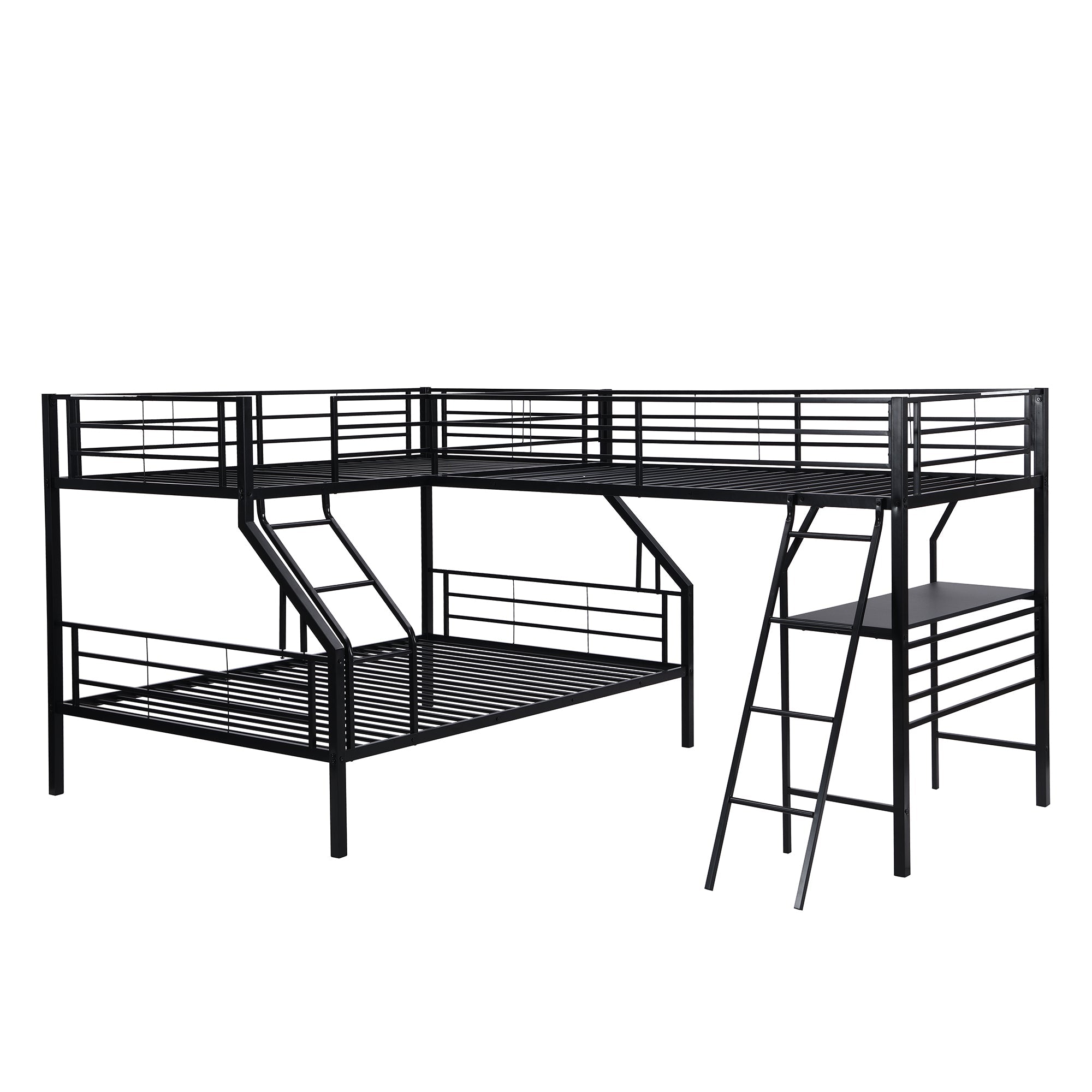 Euroco Twin L-Shaped Metal Bunk Bed with Built-in Study Desk for Kids' Bedroom, Black