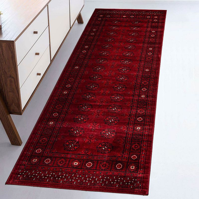 2.5' x 8' Red and Black Geometric Rectangular Rug Runner