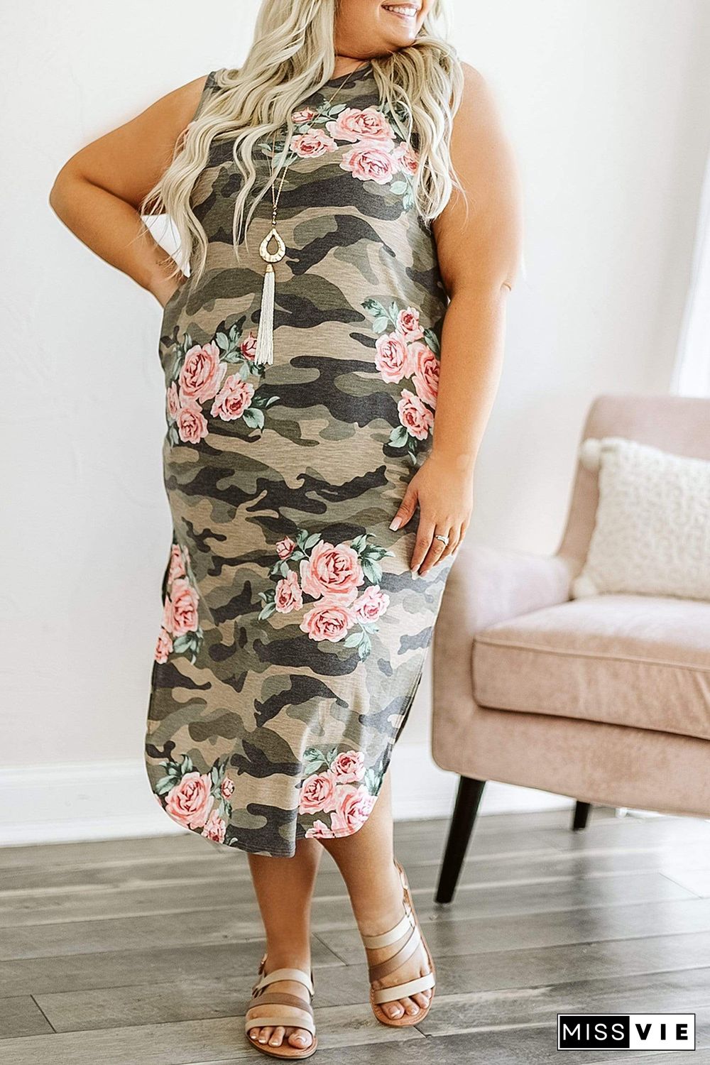 Plus Size Camo Floral Sleeveless Maxi Dress