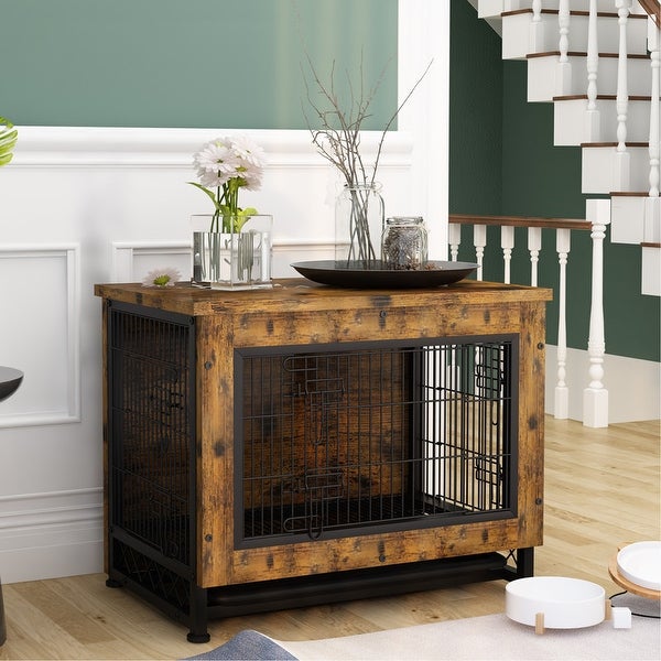 Grondin Industrial Style Wooden Dog Crate Furniture Style Dog Kennel with 3 Doors and Bottom Slide Out Tray