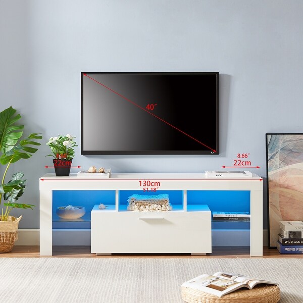 White Morden TV Stand with LED Lights， High Glossy Front TV Cabinet，Can be Assembled in Lounge Room， Living Room