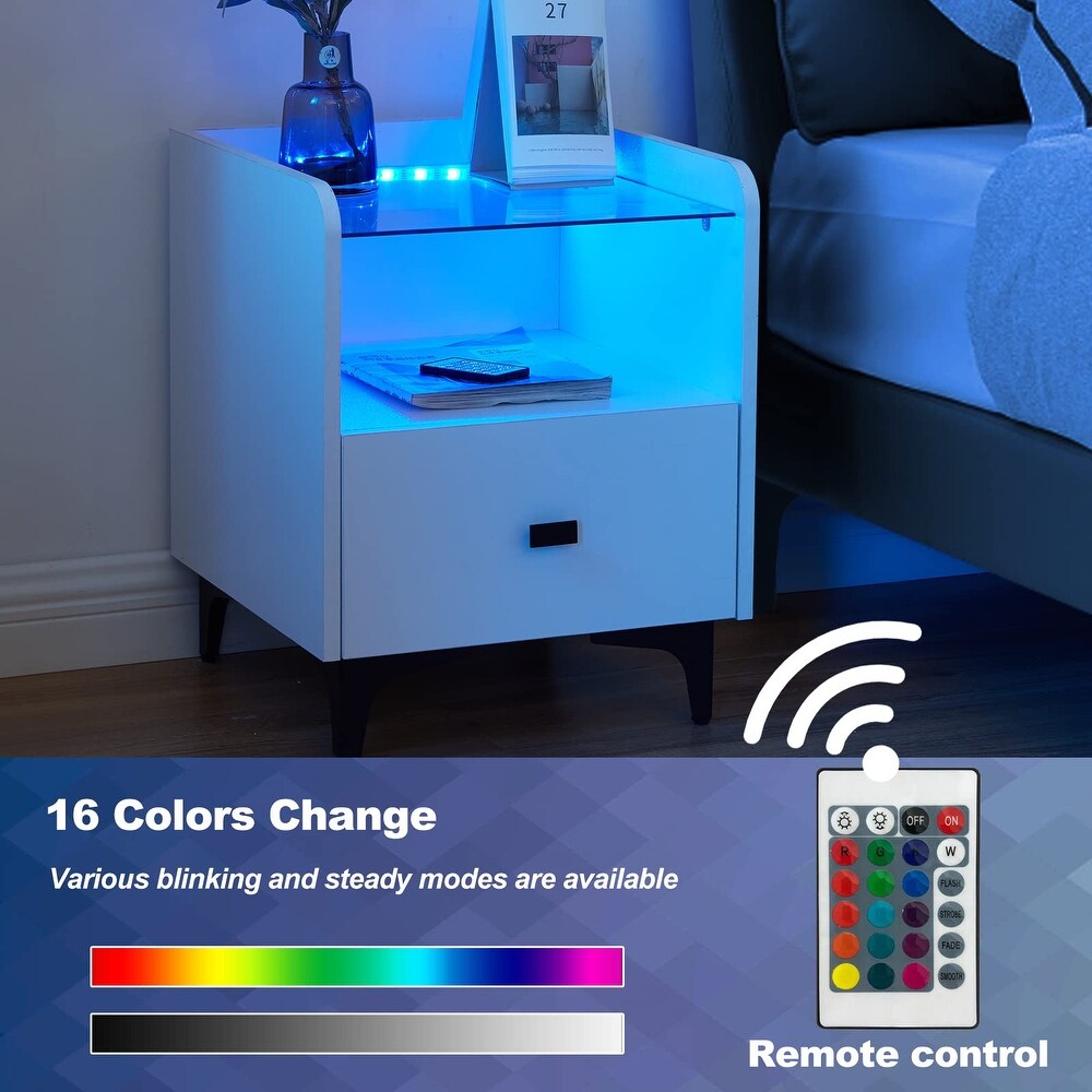 Modern Nightstand with LED Light  Wooden Bedside Cabinet with Tempered Glass Top  1 Drawer and Open Storage Shelf