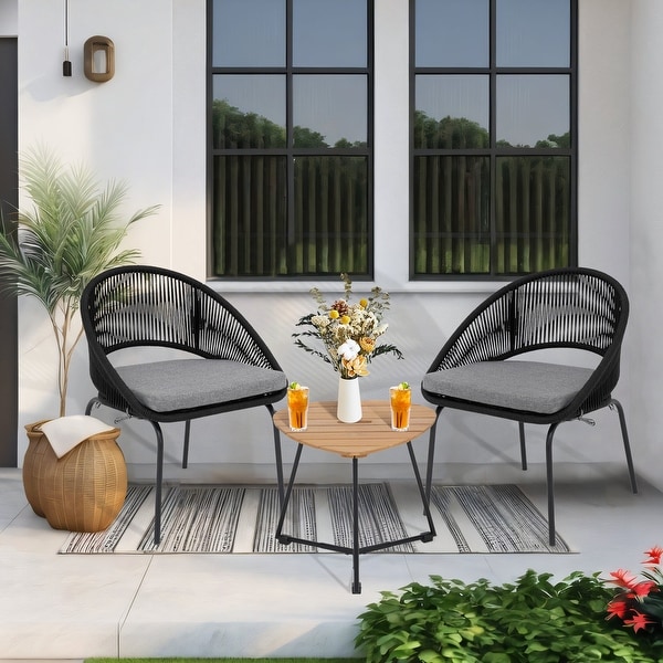 3 Piece Handmade Rope Bistro Set，Outdoor Balcony Set Furniture w/Cushion and Coffee Table