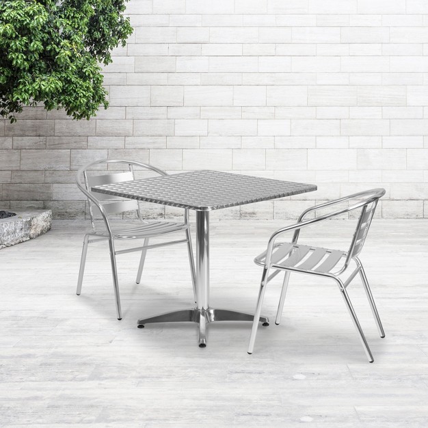 Square Aluminum Table Set With 2 Slat Back Chairs