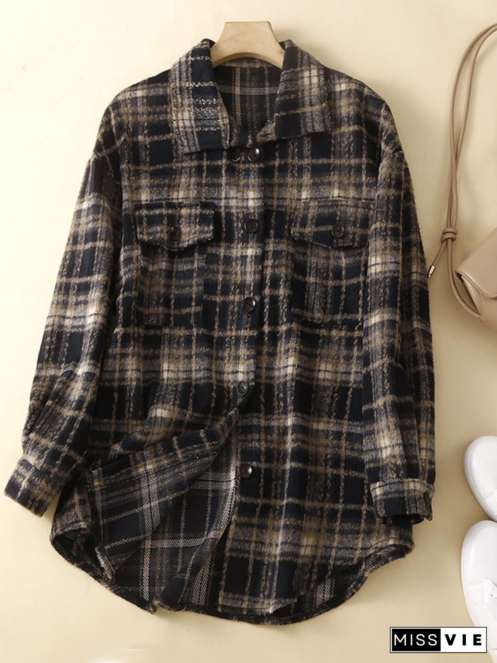 Women's Fall Casual Button Down Fleece Plaid Shirt Jacket