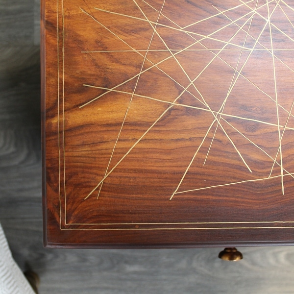 Natural Geo Rosewood Square End Table - Abstract Golden Brass Inlay