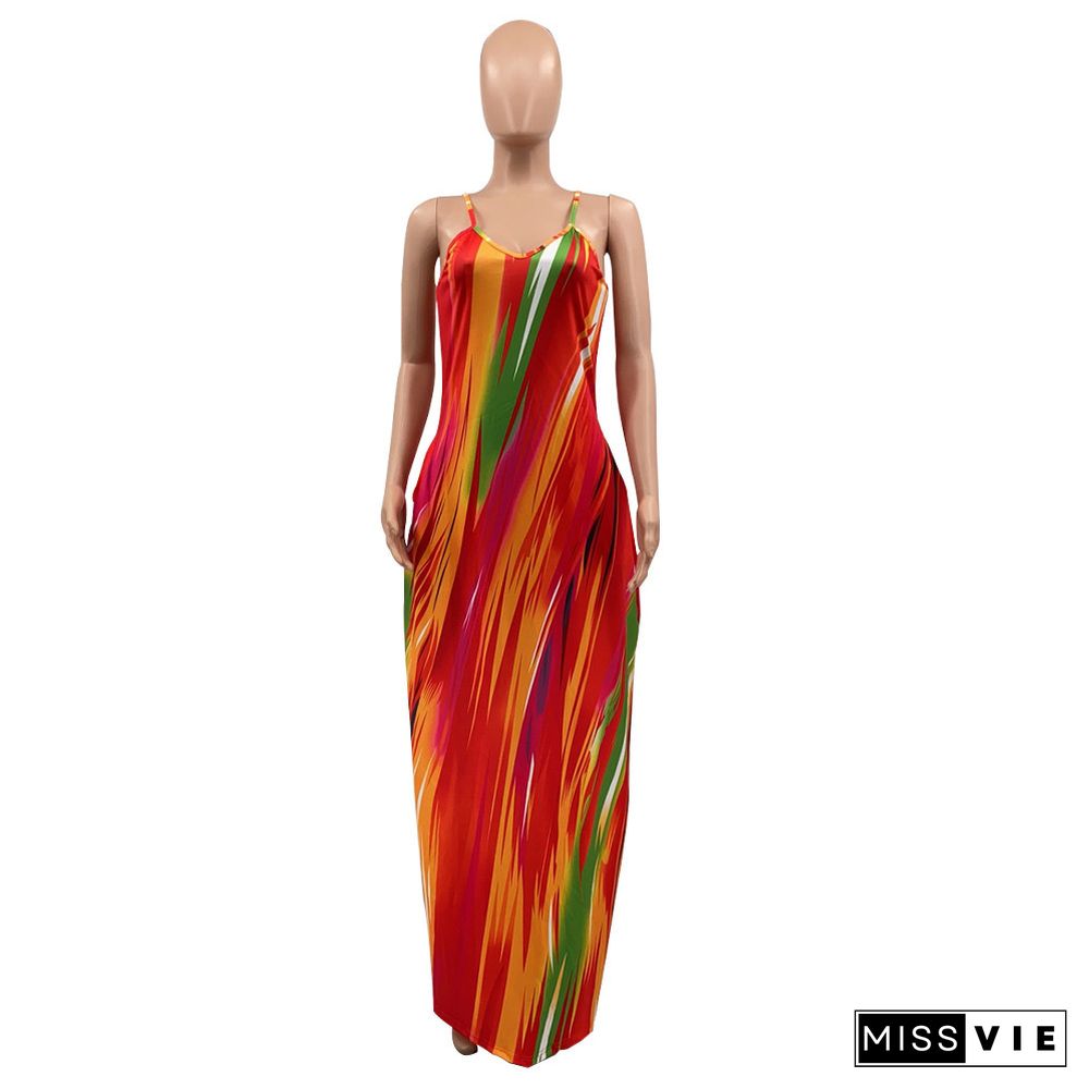 Tie Dye Print Loose Pockets Floor Length Dresses