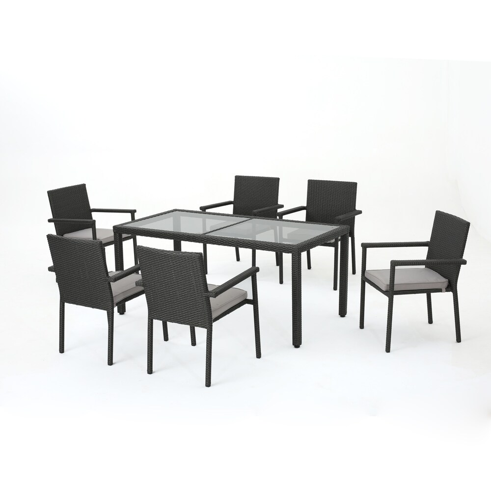 San Pico Outdoor 7 piece Rectangular Wicker Tempered Glass Dining Set with Cushions by Christopher Knight Home