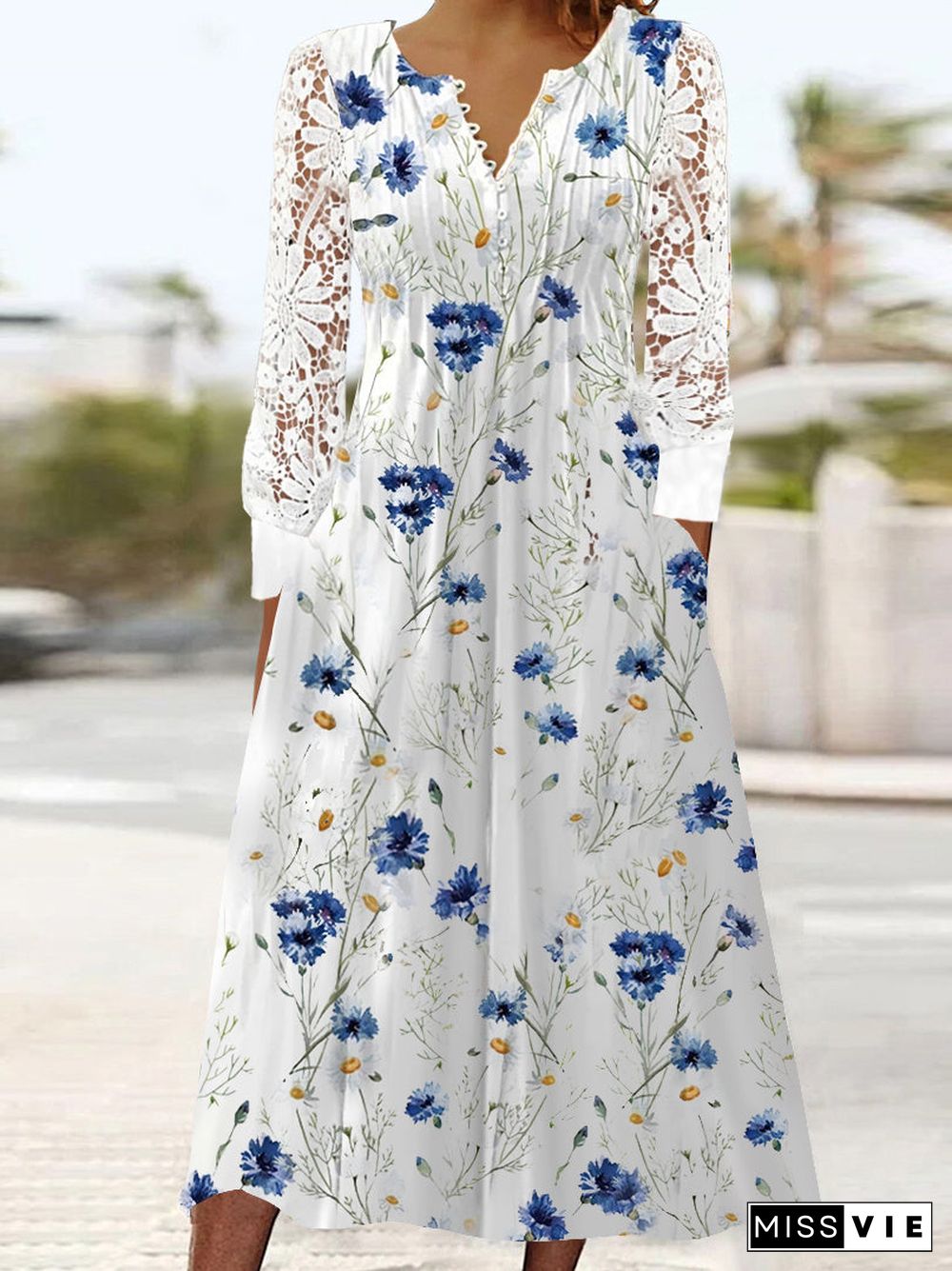 Women's Long Sleeve V-neck Floral Printed Lace Midi Dress